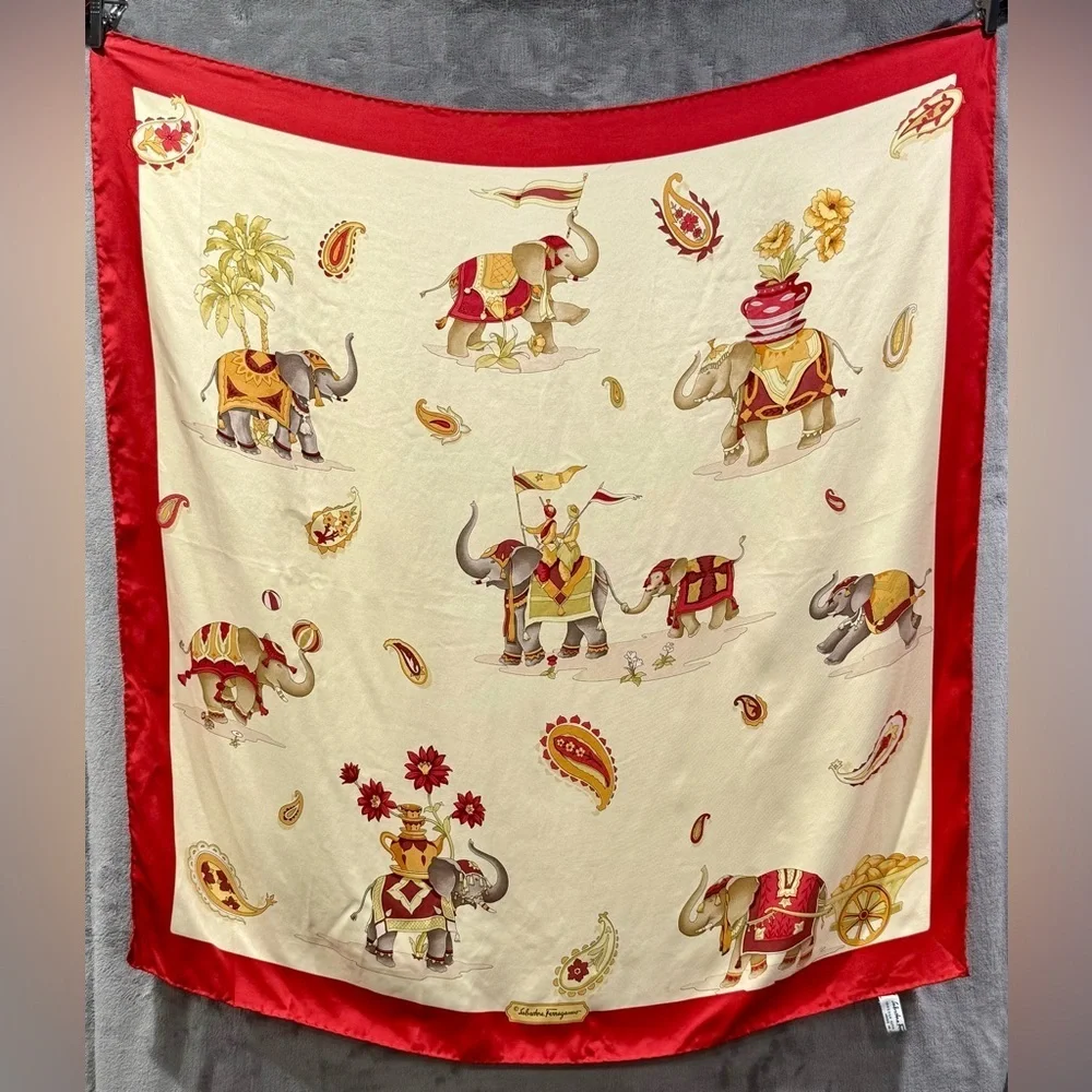 Salvatore Ferragamo Scarf  100% Silk Elephant  Print Multicolored Vintage